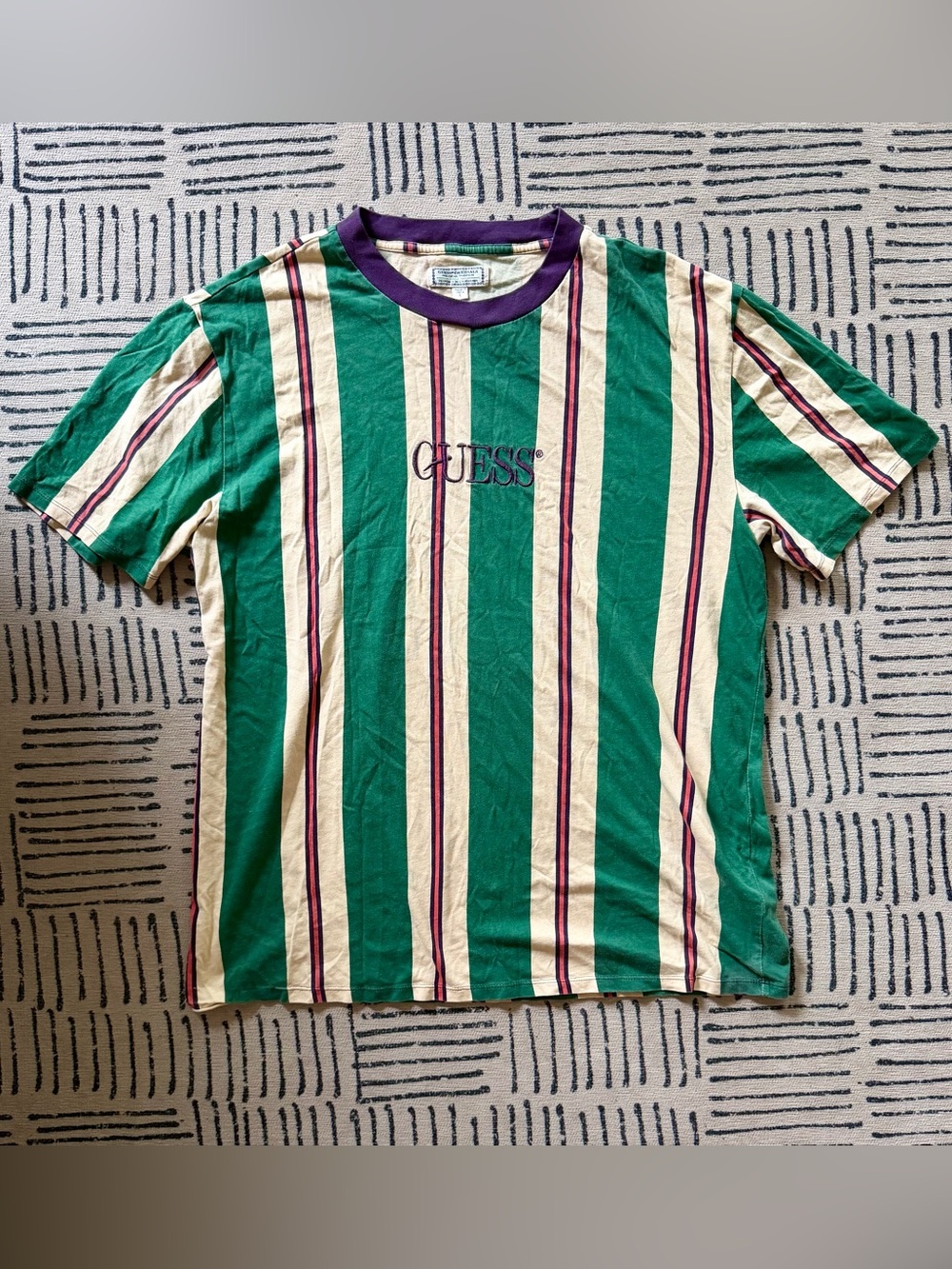 Vintage GUESS Green & Cream Vertical Stripe Short-Sleeve Tee with Purple Trim